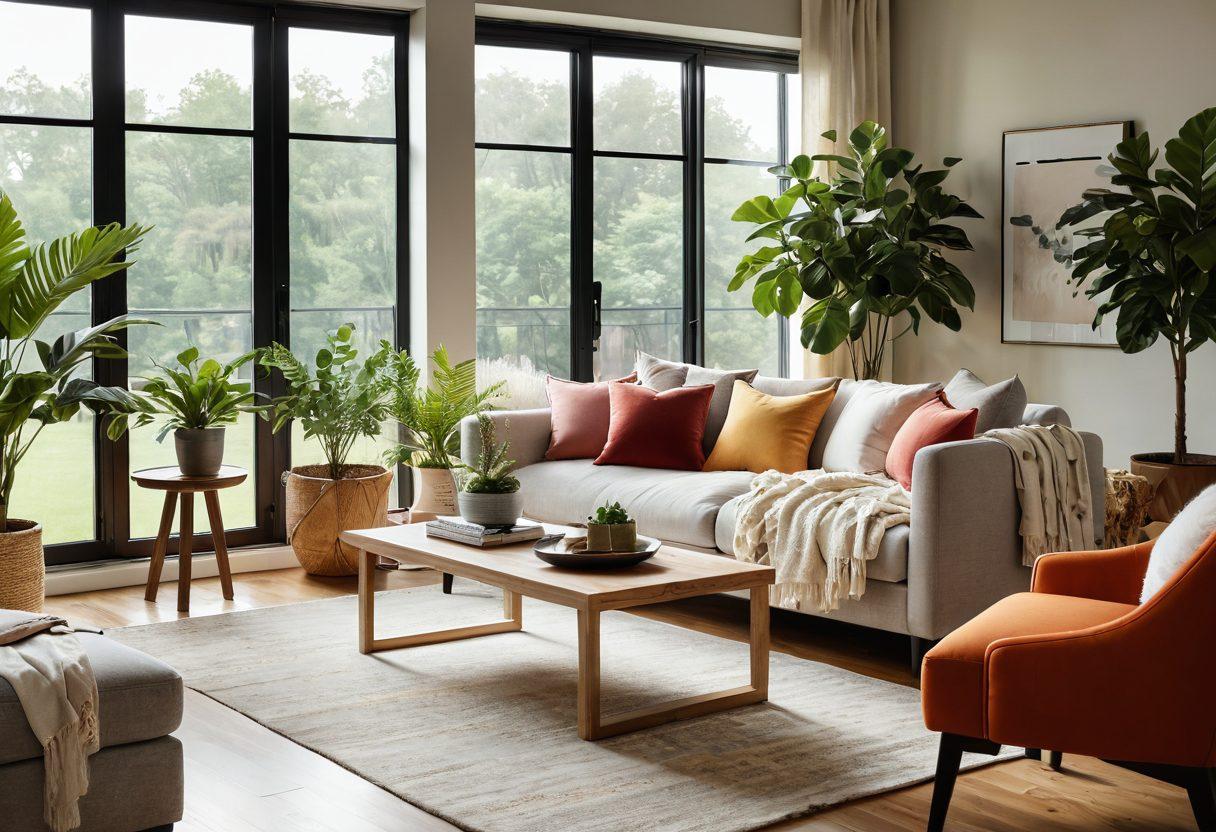 A cozy living room scene showcasing stylish and functional furniture, such as a modern sofa, chic coffee table, and elegant armchair, adorned with soft throws and pillows. Natural light streams in through large windows, highlighting warm wood textures and a playful mix of vibrant colors in decor. Include a touch of greenery with indoor plants for added comfort. super-realistic. inviting atmosphere. vibrant colors.