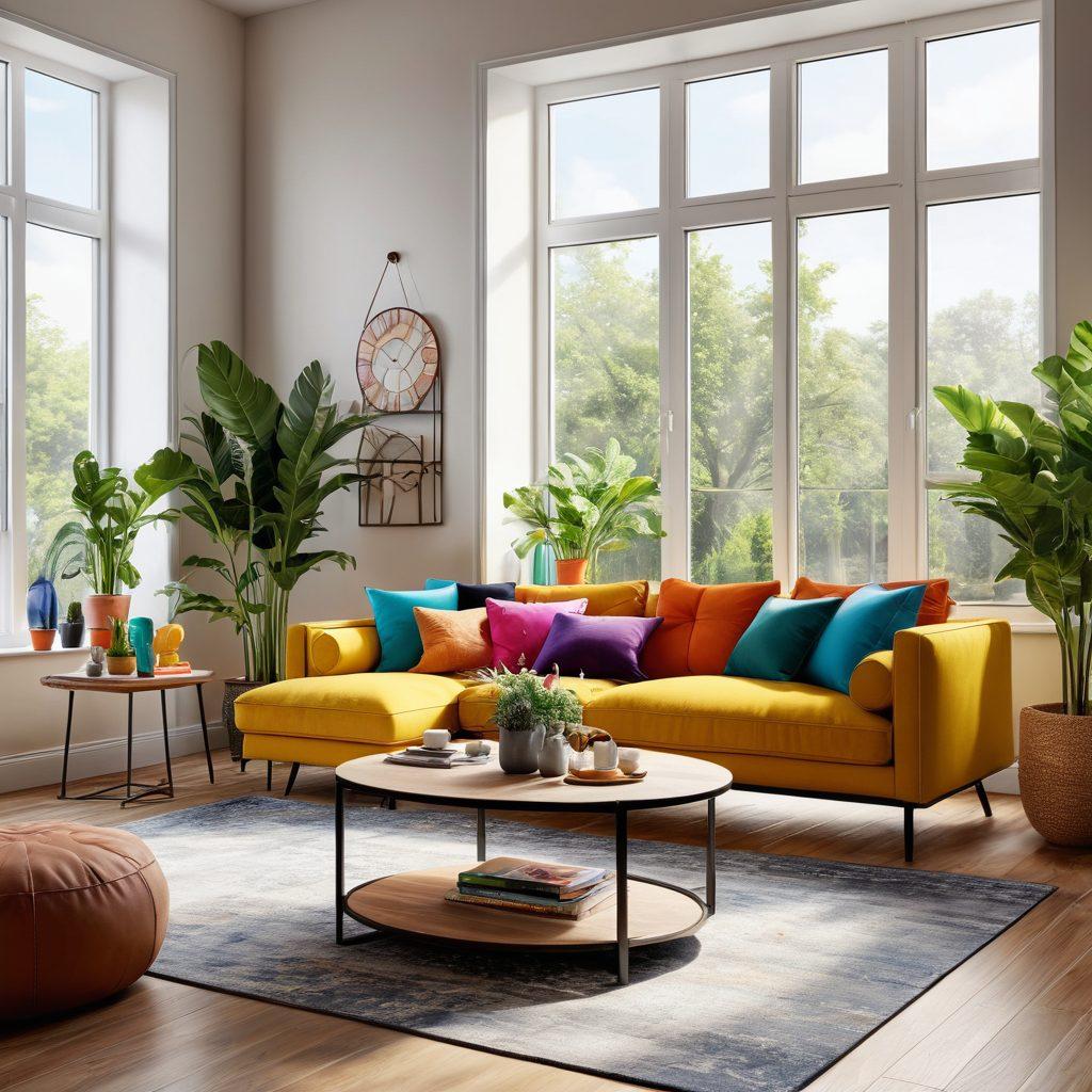 A modern living room showcasing a blend of stylish and affordable furniture, featuring a trendy sofa, colorful cushions, and an elegant coffee table. Include eco-friendly decorative items and vibrant potted plants, with sunlight streaming through large windows. The overall atmosphere should evoke a sense of comfort and creativity. super-realistic. vibrant colors. bright, open space.