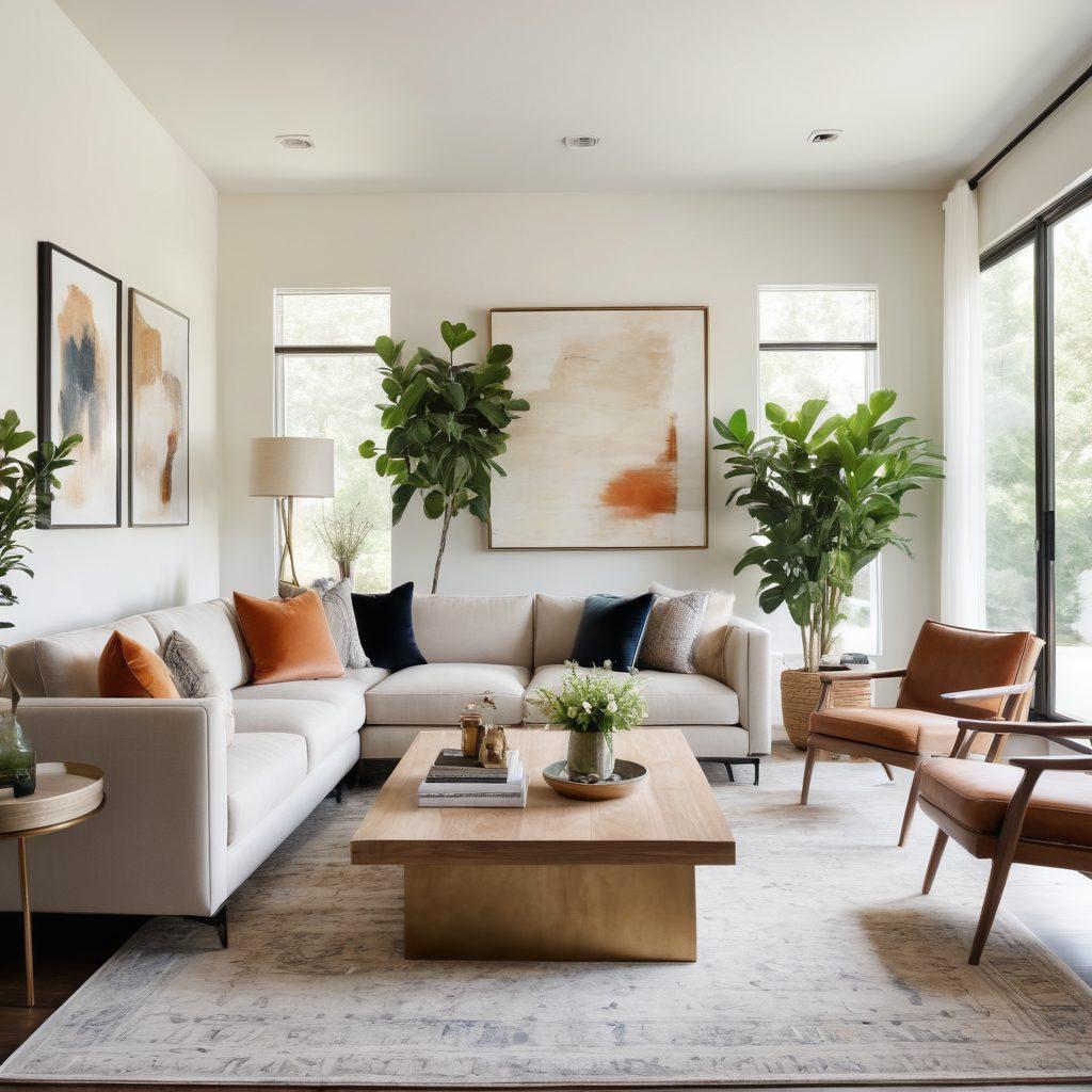 A beautifully arranged modern living room featuring a mix of affordable yet luxurious furniture pieces, including a sleek sectional sofa, a stylish coffee table, and elegant accent chairs. Adorned with tasteful decor like a chic rug, contemporary light fixtures, and greenery, showcasing timeless elegance in a bright, inviting space. Soft natural lighting enhances the warmth and sophistication of the room, blending modern aesthetics with classic charm. super-realistic. vibrant colors. minimalistic background.